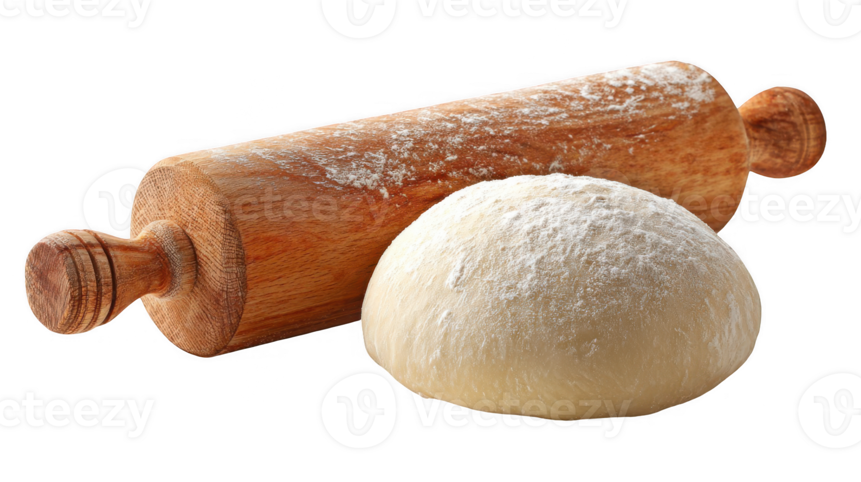 Wooden rolling pin resting beside freshly shaped dough ball on transparent background png