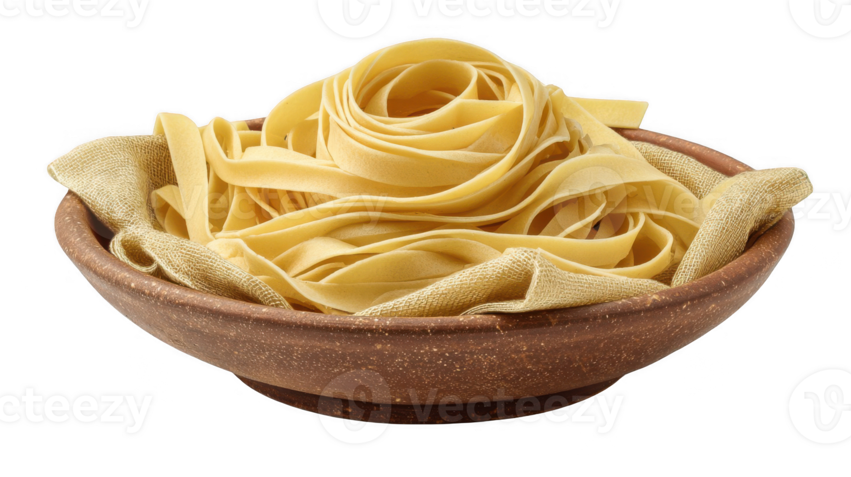 Fettuccine pasta nestled in a rustic clay bowl with transparent background png