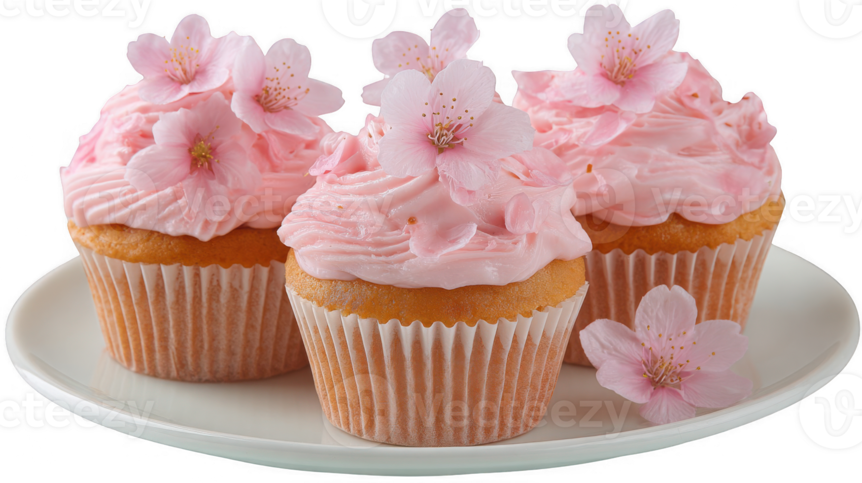 Three frosted pink cupcakes with sakura petals on transparent background png