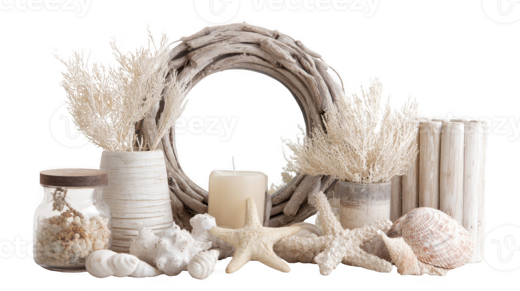 Seaside decoration paired with rustic mirror, candle and dried plants on transparent background png