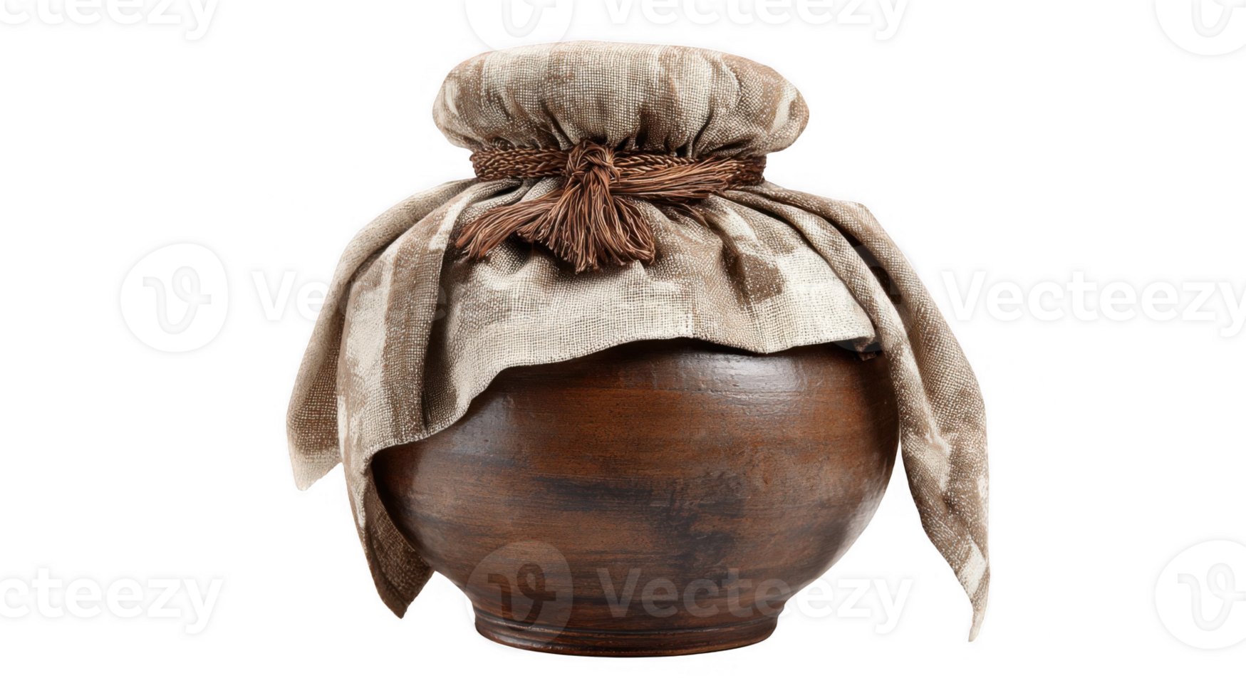 Rustic clay jar covered with fabric on transparent background png