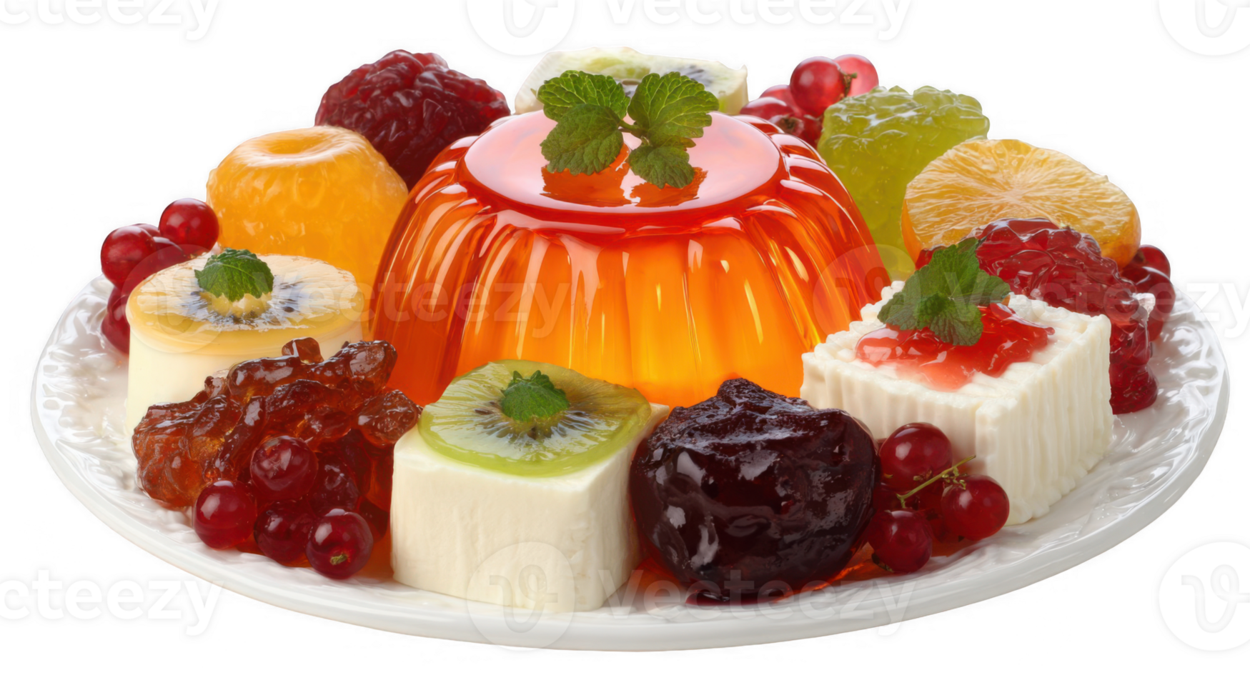 Orange jelly, panna cotta and fresh fruit composing a colorful dessert platter on transparent background png