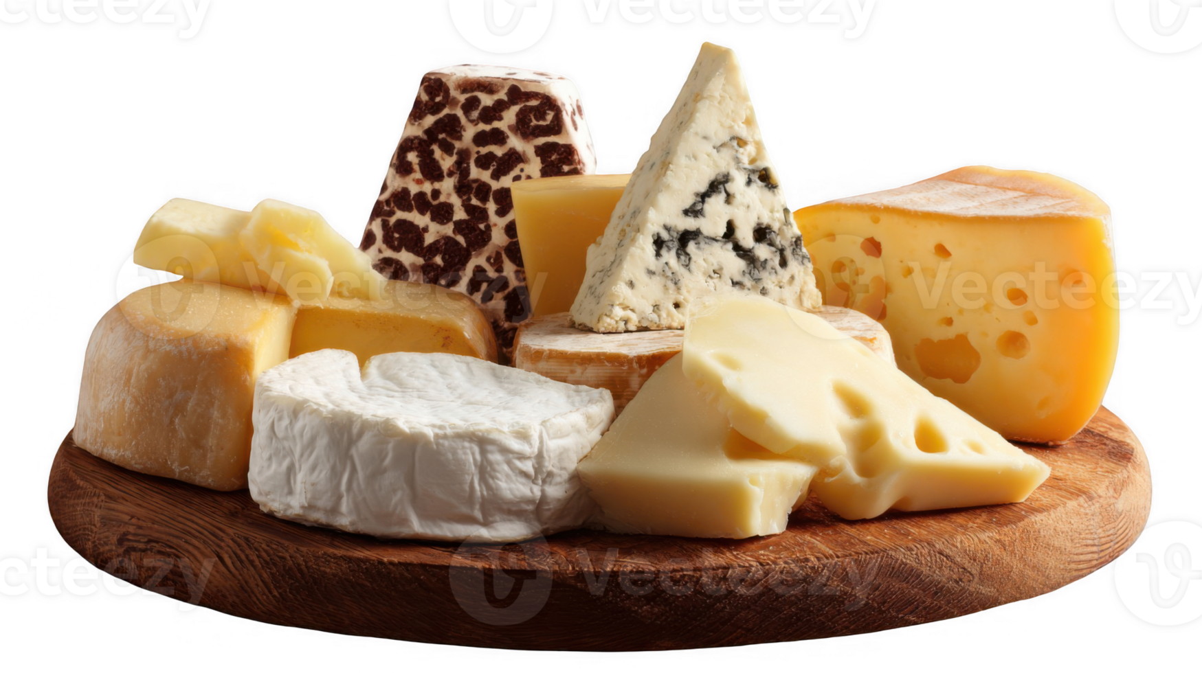 Assorted cheeses displayed on wooden plate with transparent background png