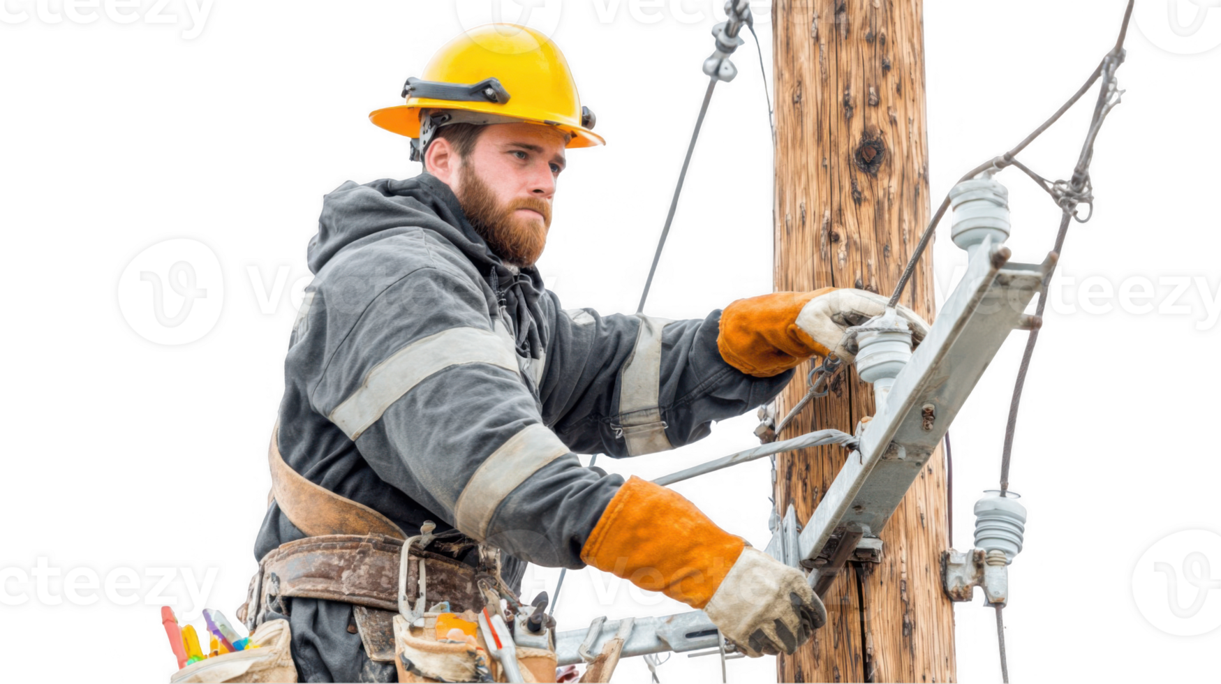 Lineman working on electrical pole with transparent background png