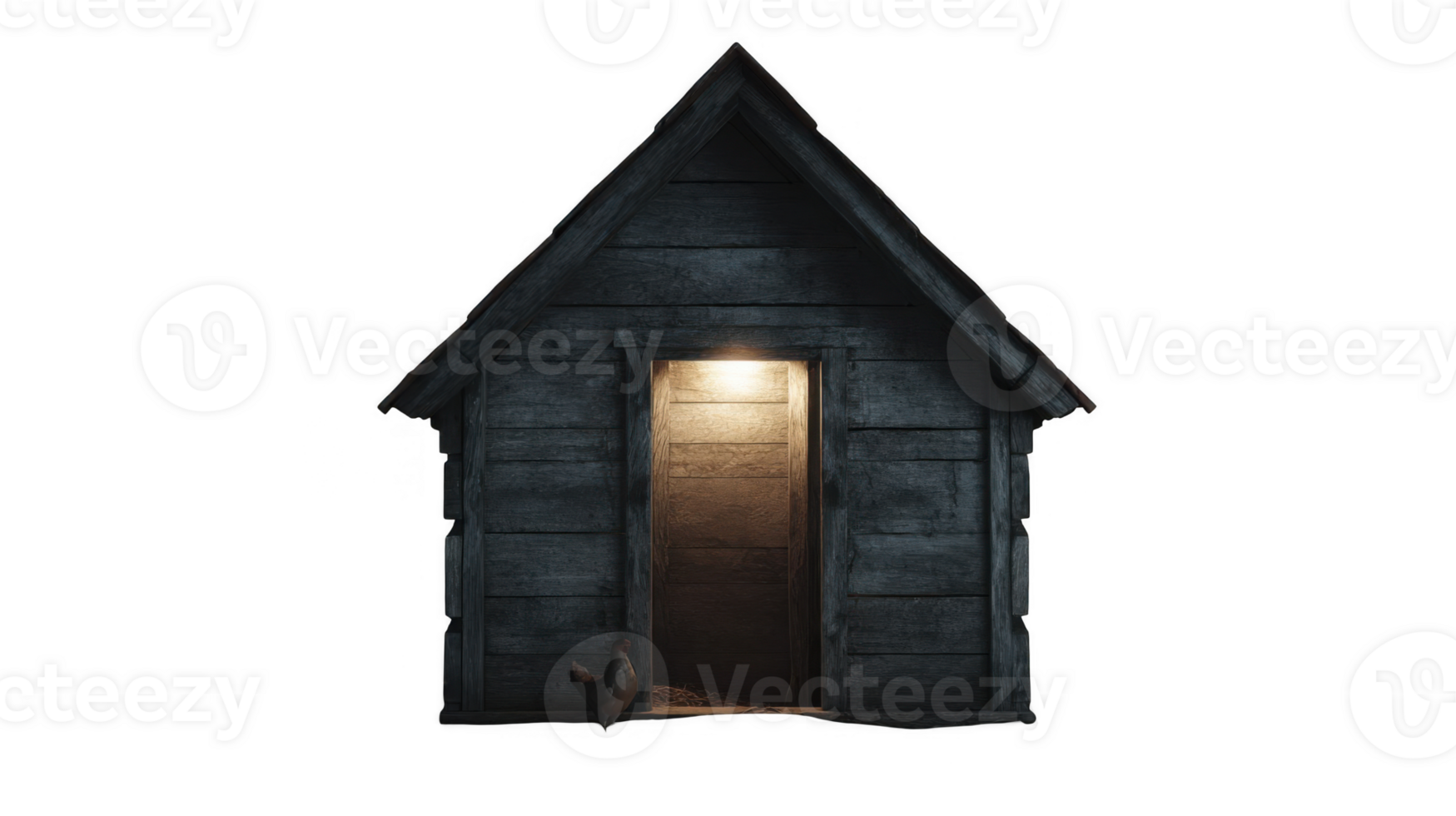 Light shining from inside old wooden chicken coop on transparent background png
