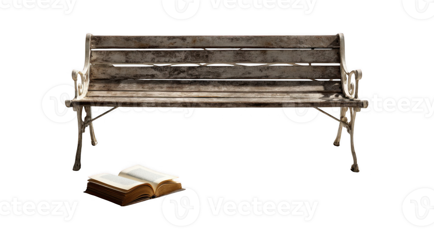 Open book lying on ground beside empty bench with transparent background png