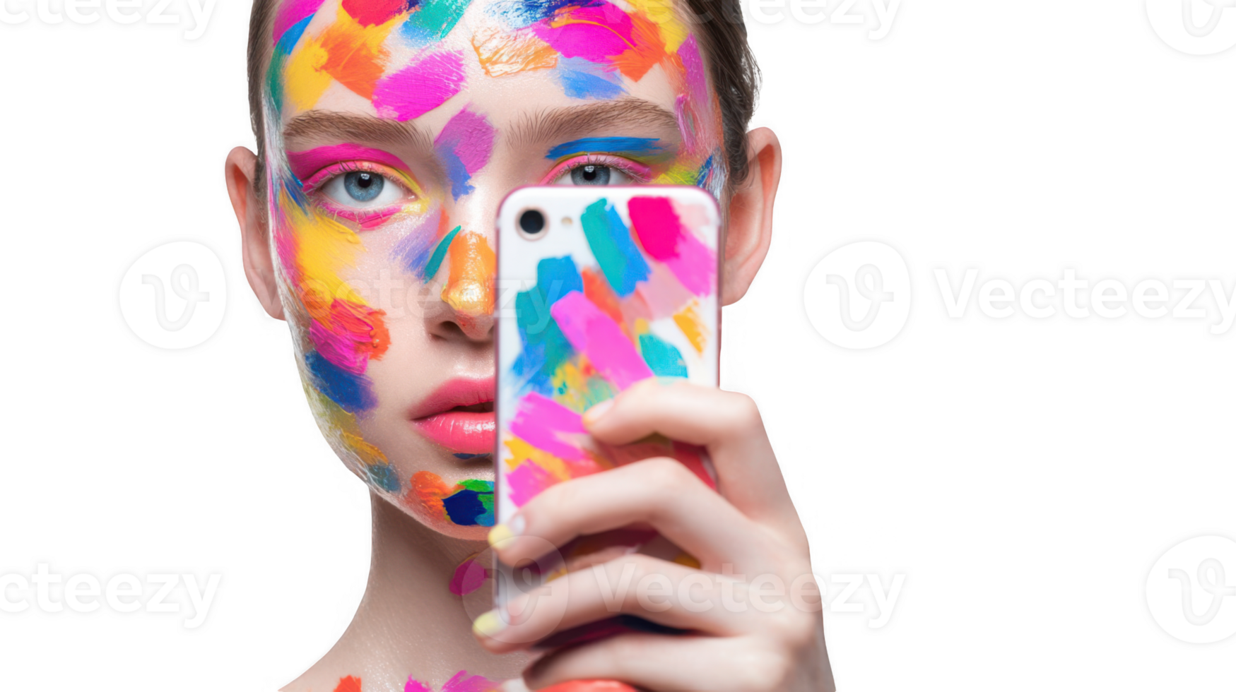Woman with colorful makeup taking a mirror selfie with matching phone on transparent background png