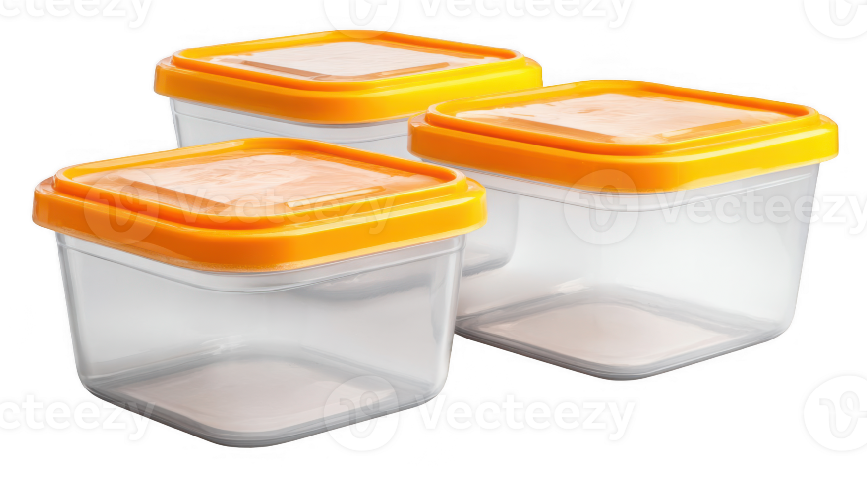 Three empty airtight containers with orange lids on transparent background png