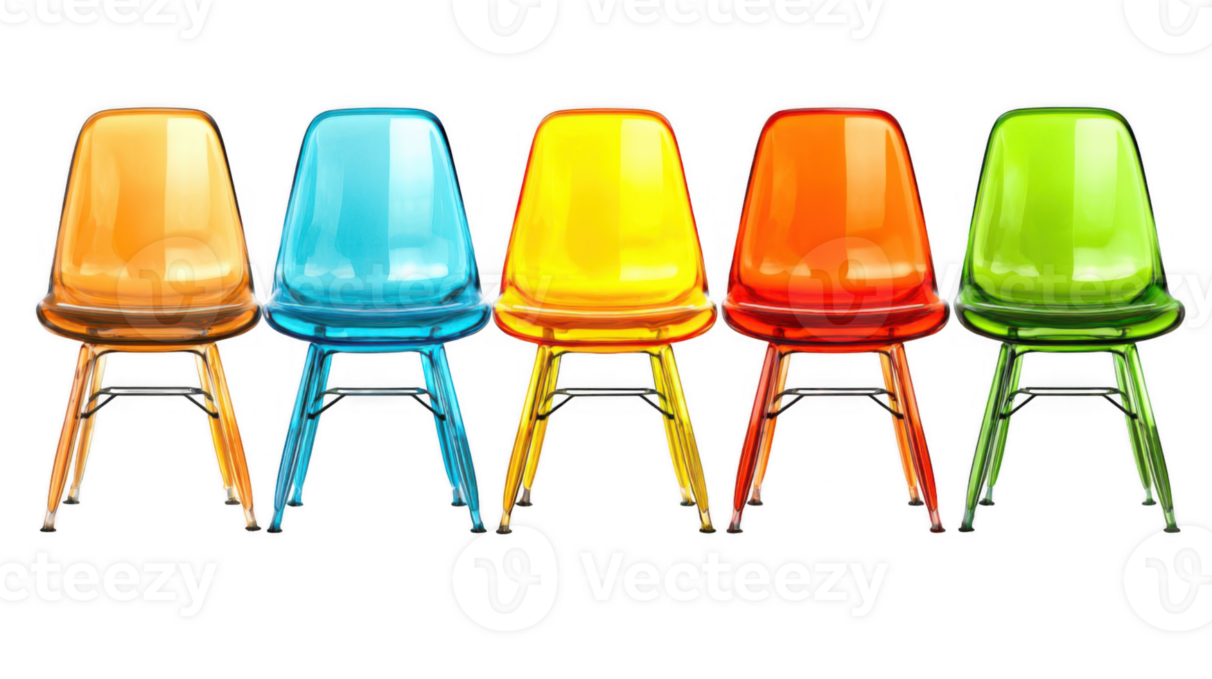 Row of five empty brightly colored plastic chairs on transparent background png