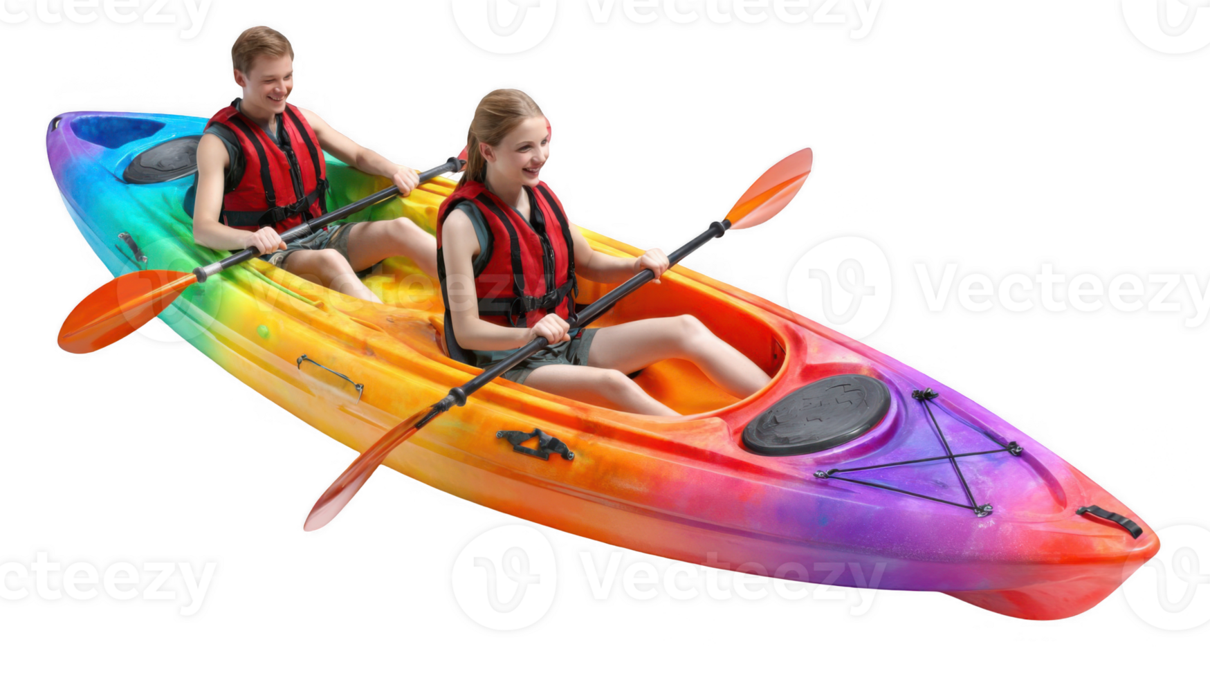 Kayakers paddling in colorful tandem kayak with transparent background png