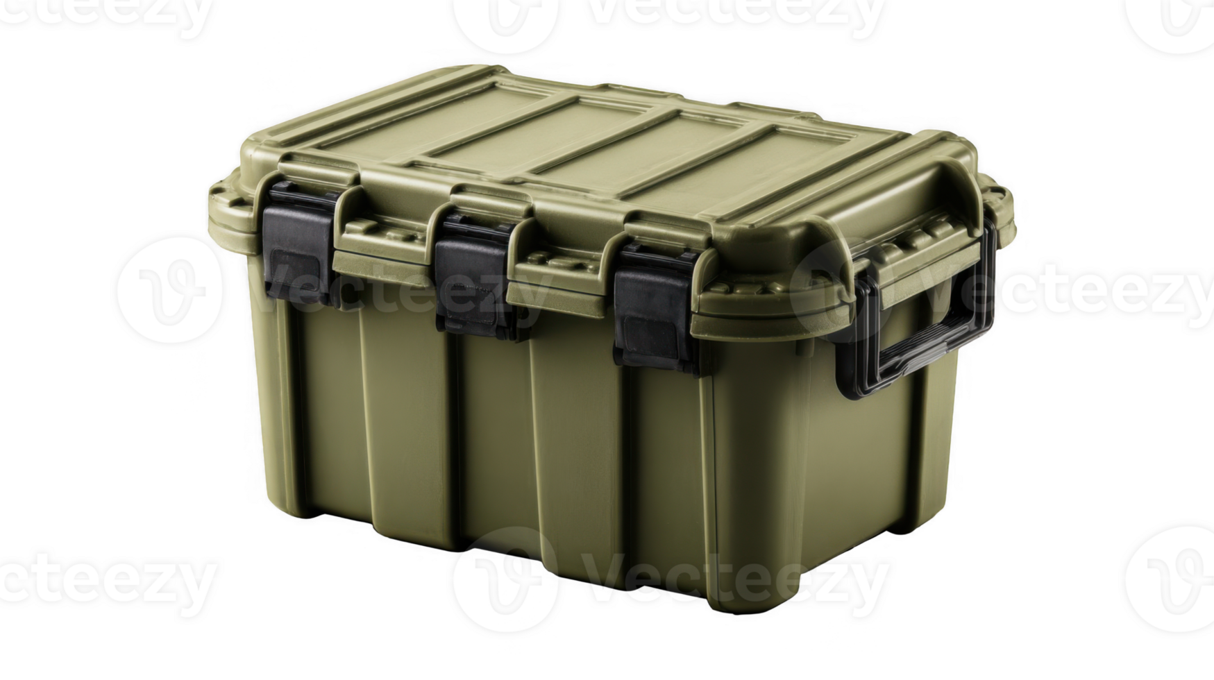 Rugged green storage container with secure latching system on transparent background png