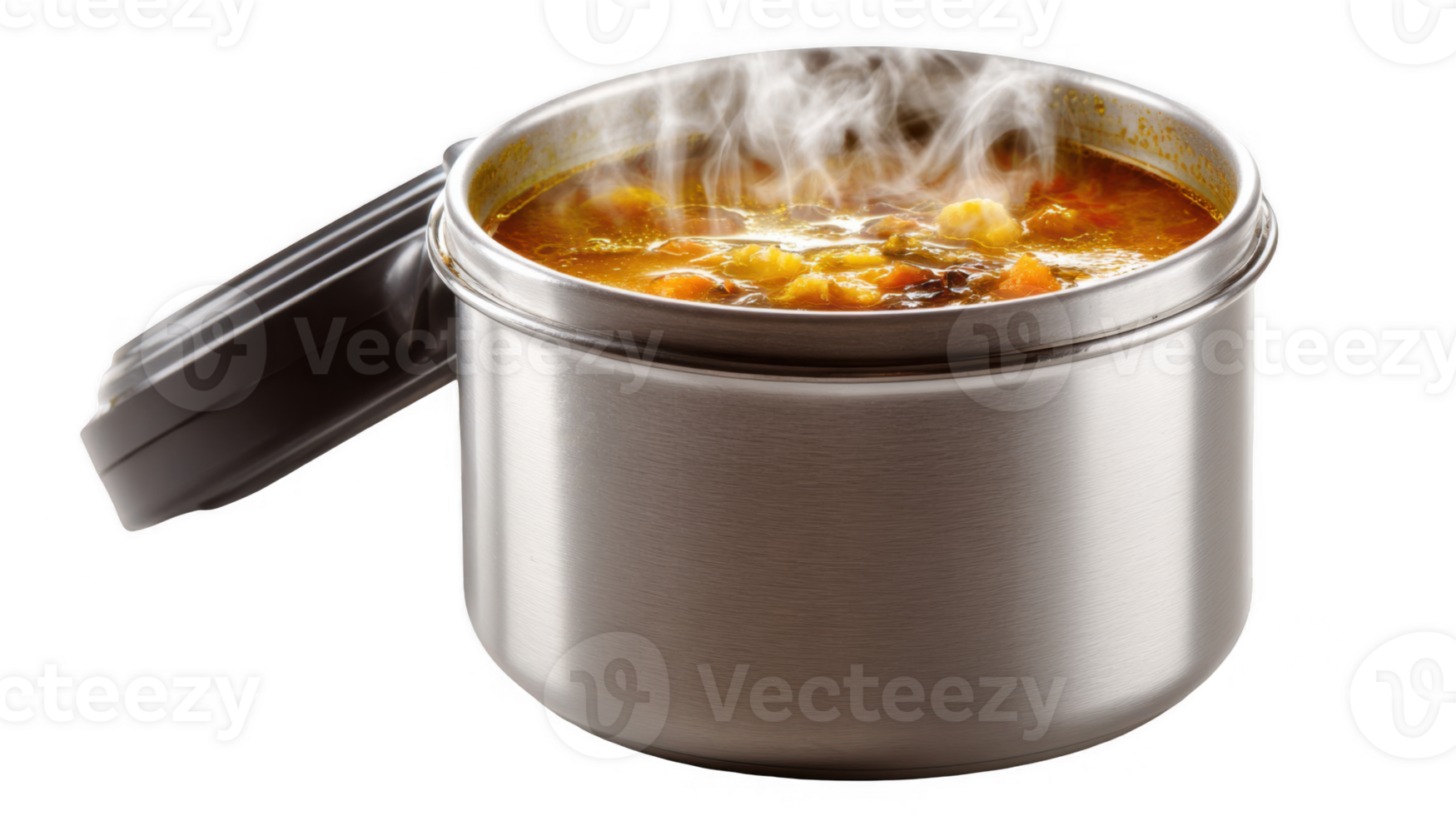 Steaming hot soup in a thermos on transparent background png