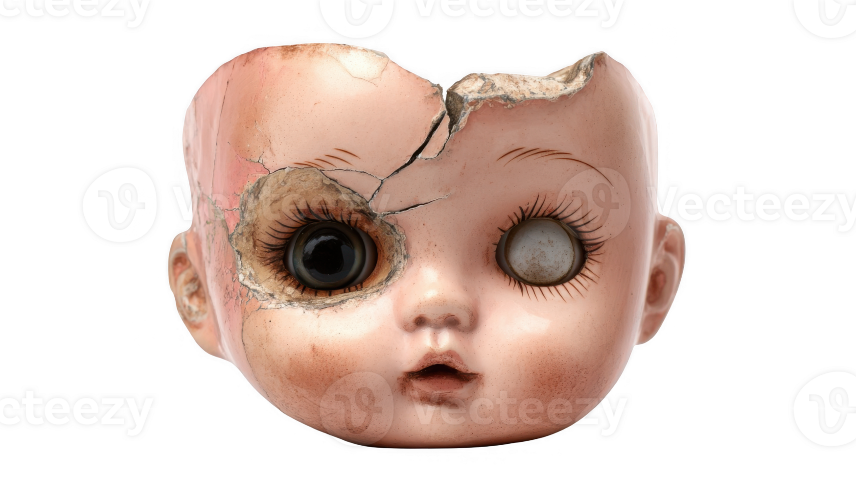 Broken doll head showing damage and wear isolated on transparent background png
