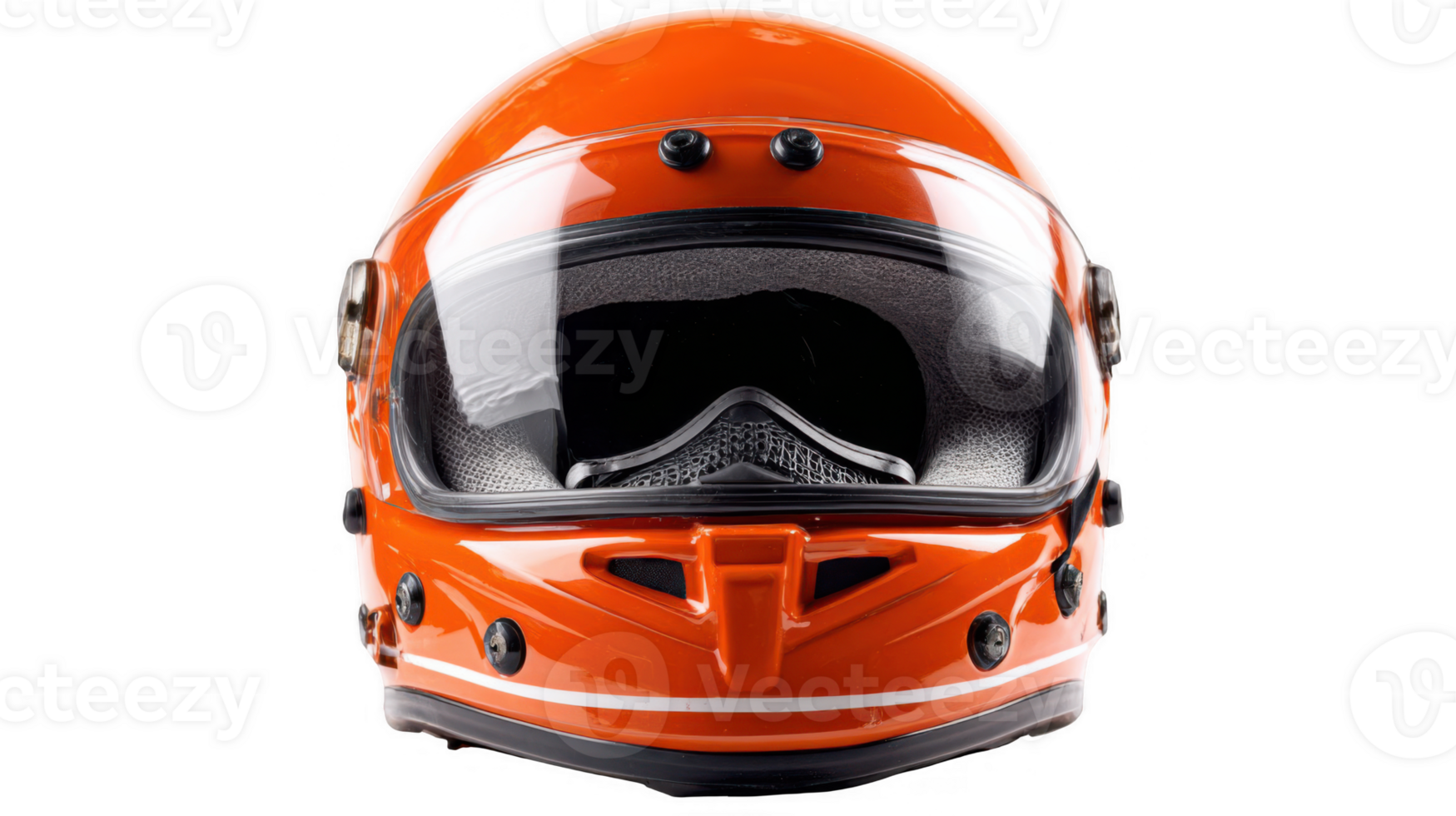 Bright orange helmet displayed under chin with transparent background png