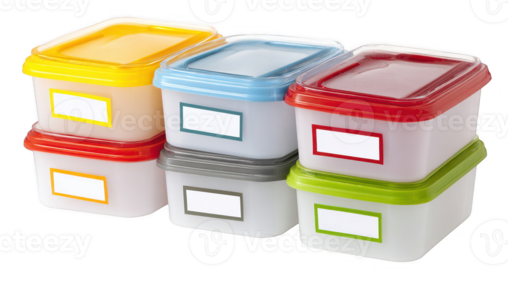 Colorful plastic food containers with blank labels for organized meal prep png