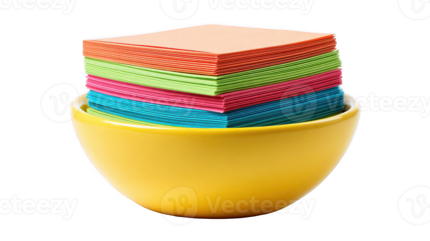 Stack of colorful sticky notes resting in a bright yellow bowl on a transparent background png