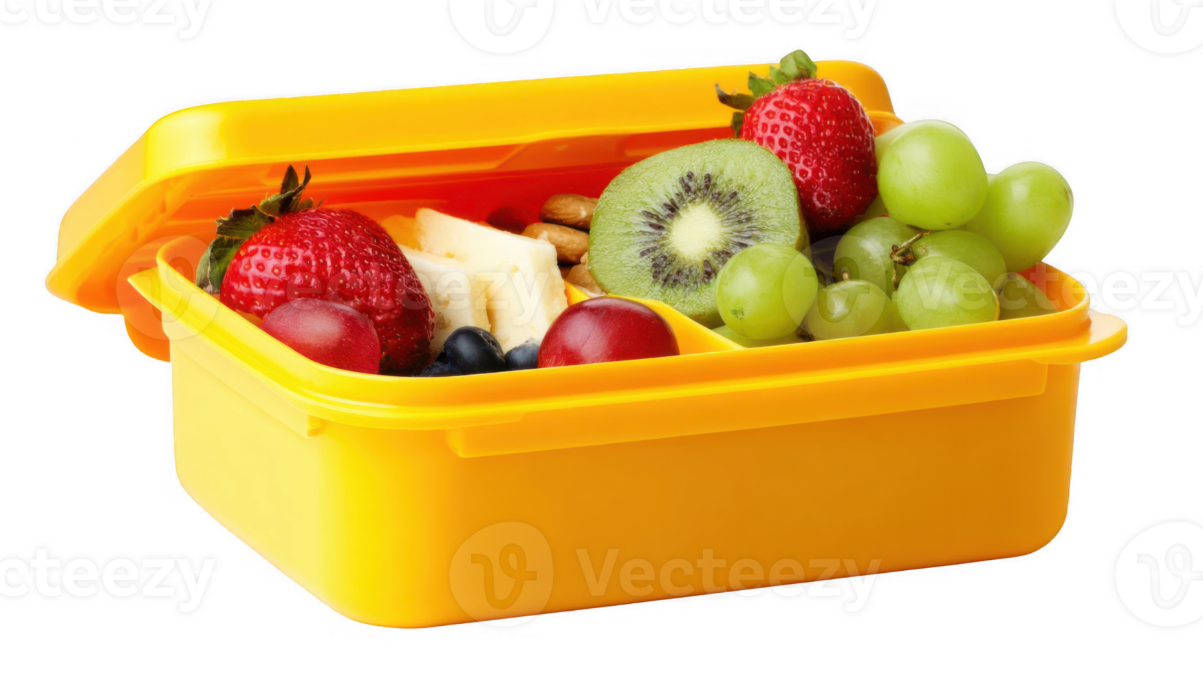 Yellow lunchbox filled with fresh fruits and nuts on transparent background png