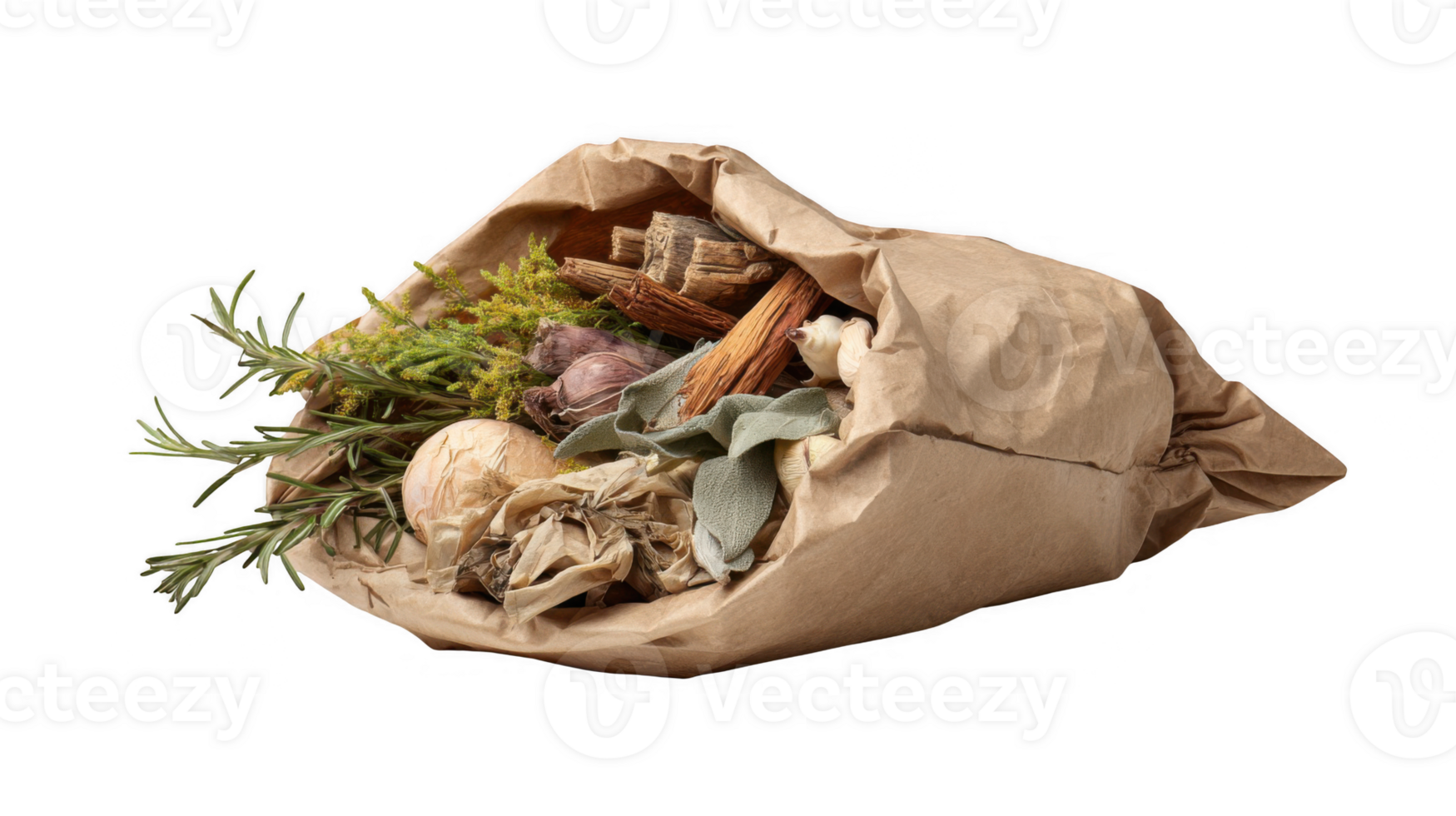 Paper sack brimming with aromatic herbs and spices on transparent background png
