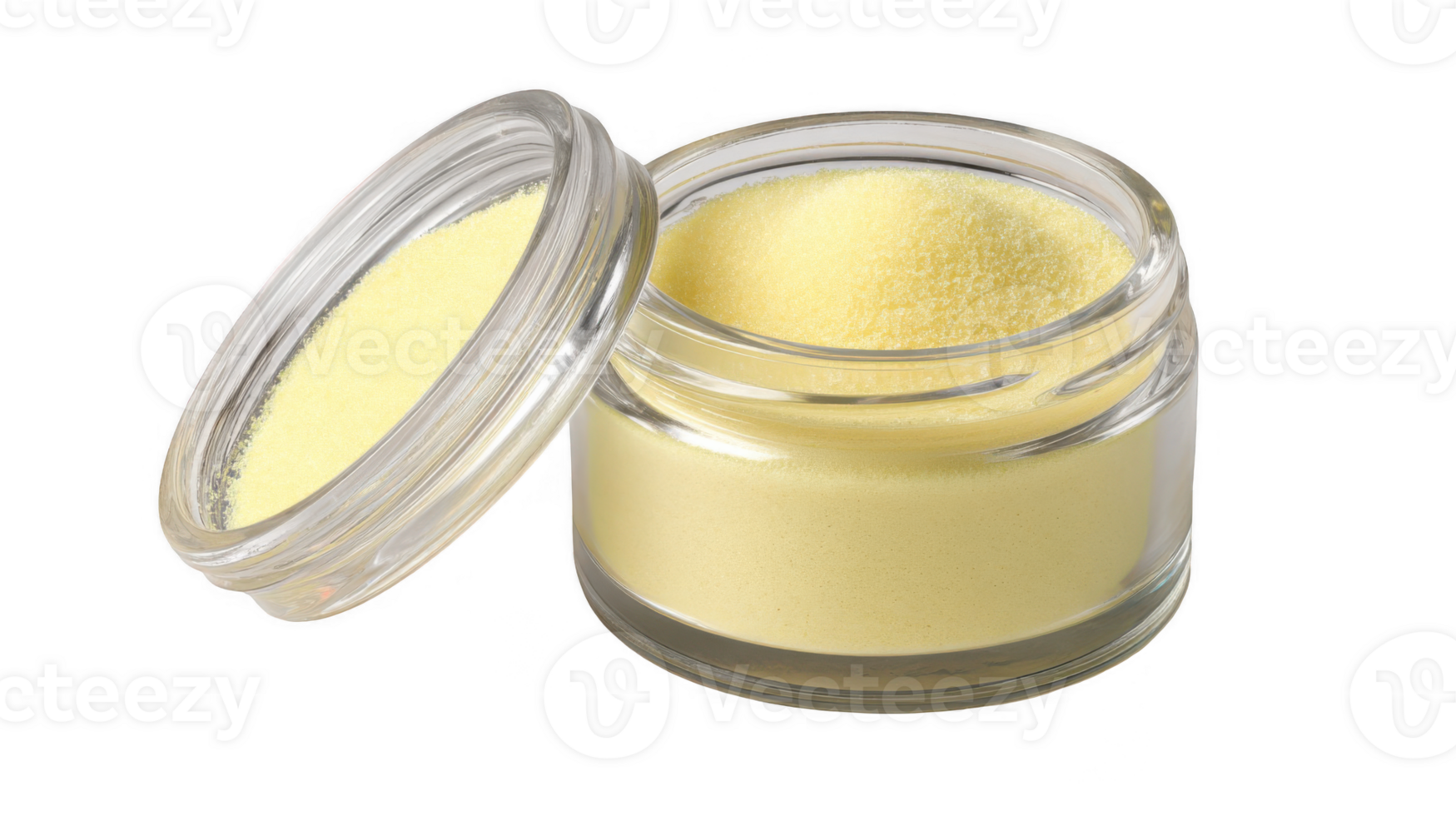 Small open jar containing yellow paste like filler on transparent background png