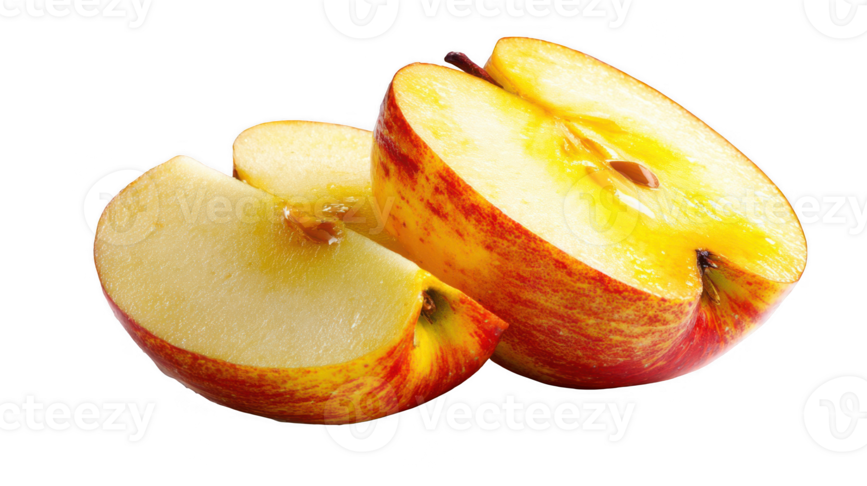 Sliced red apple isolated on transparent background, showing seeds and wet pulp png