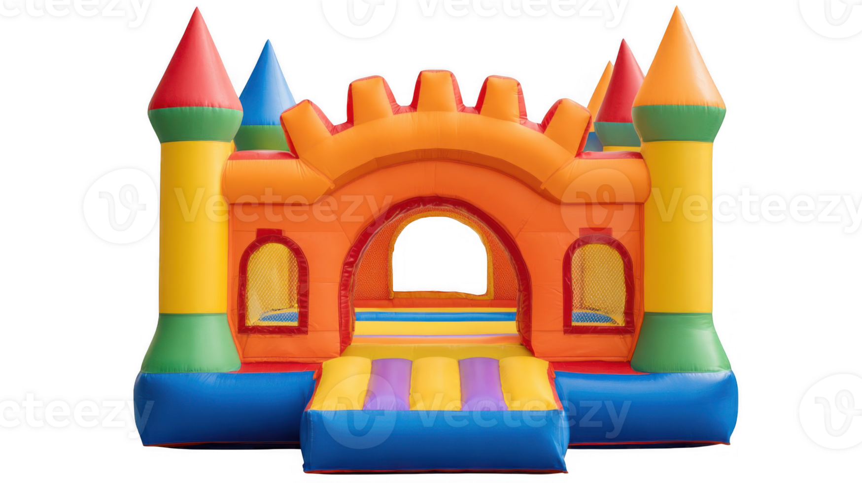 Colorful inflatable bouncy castle shaped like a castle with transparent background png