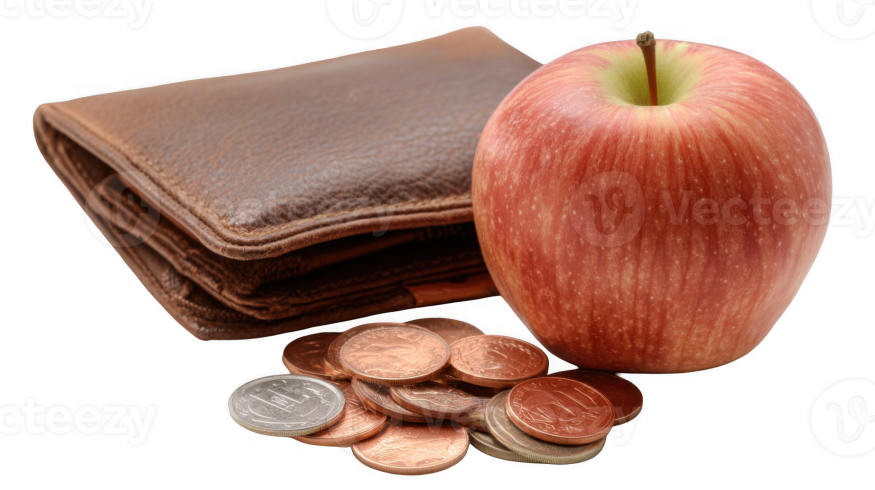 Wallet, apple, and coins representing healthy financial habits on transparent background png