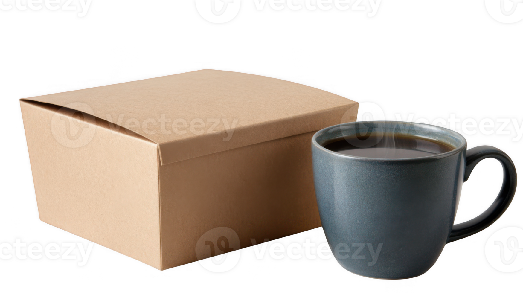 Steaming mug and closed meal box on transparent background png