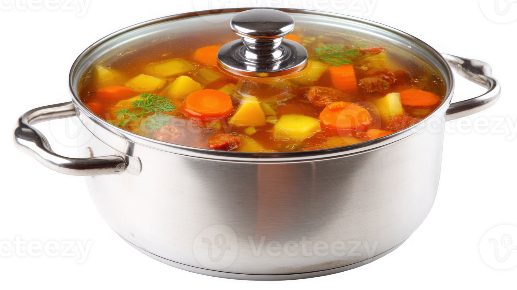 Stainless steel pot simmering delicious vegetable soup on stove png
