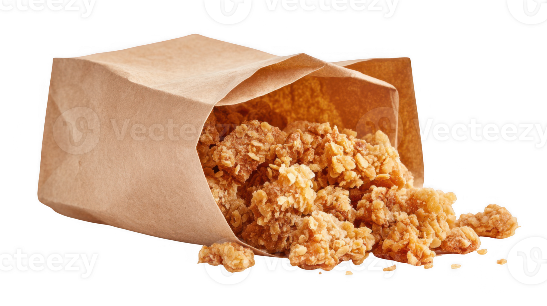 Crunchy chicken pieces falling out of paper bag on transparent background png