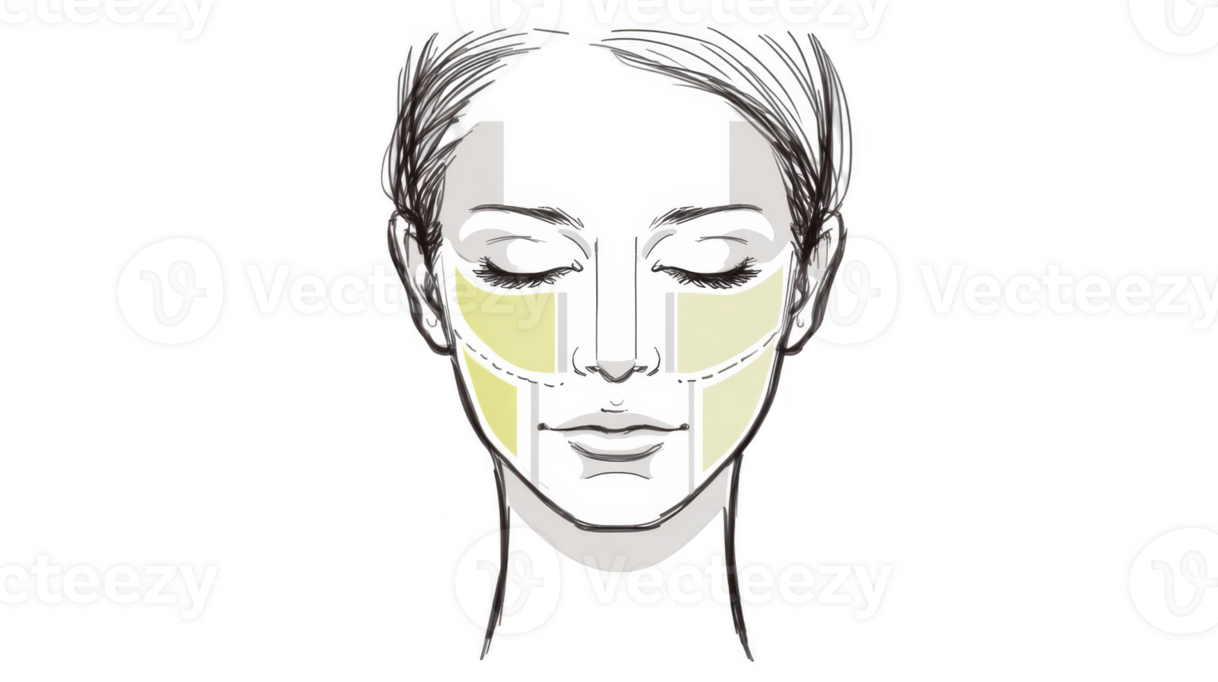 Face sketch indicating adhesive zones for beauty treatment on transparent background png