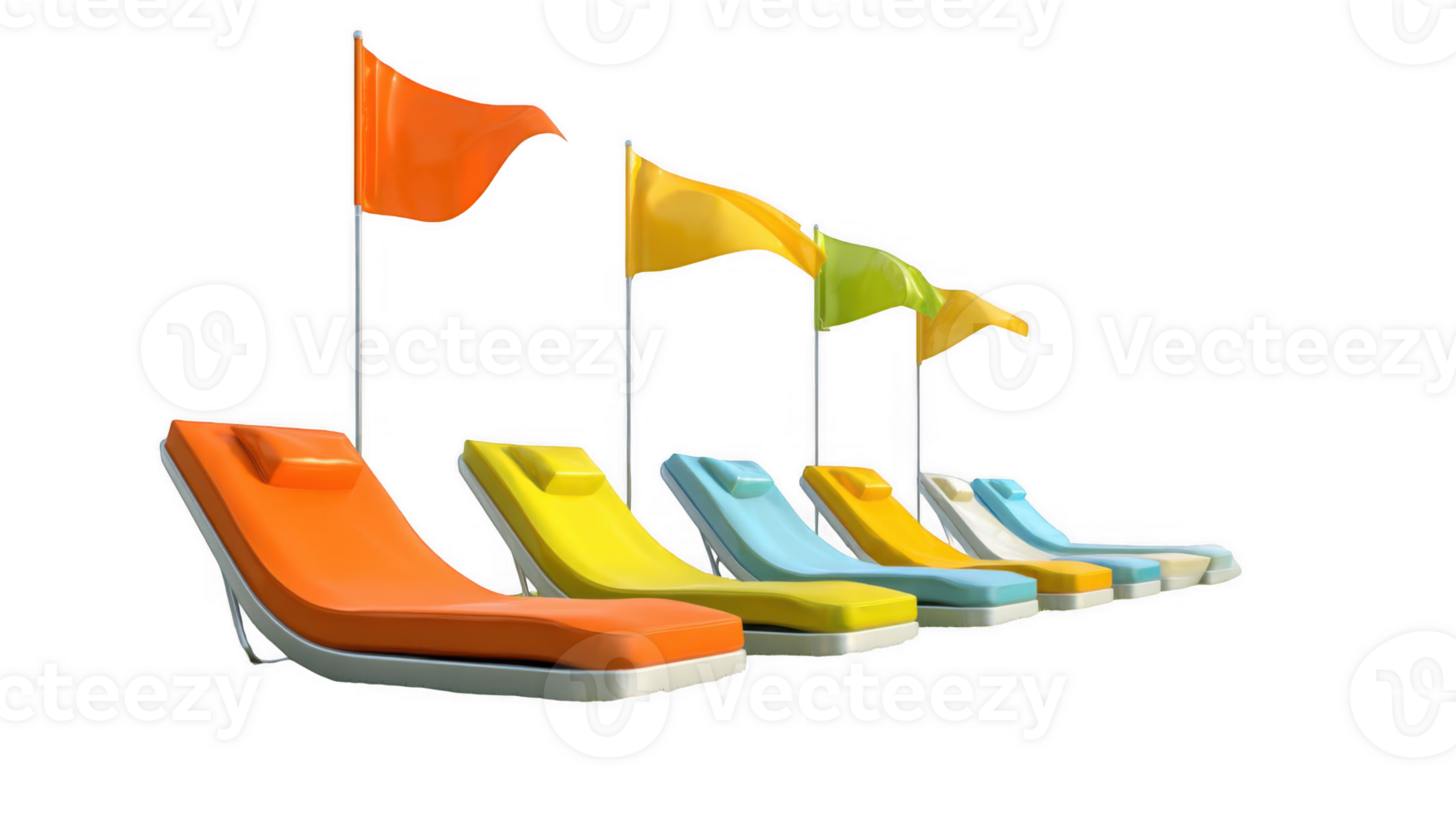 Row of colorful beach chairs with flags on transparent background png
