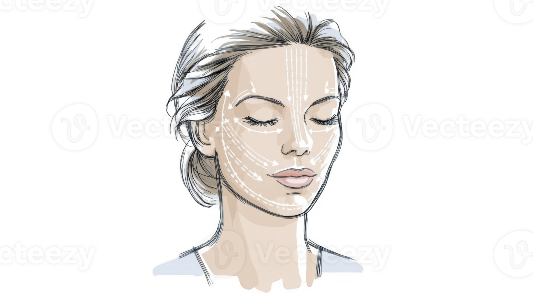 Woman relaxing with closed eyes and face massage directions on transparent background png