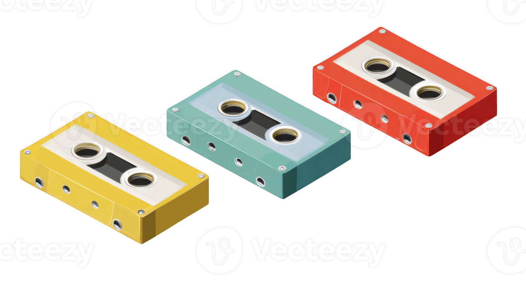 Three colorful audio cassettes on transparent background png