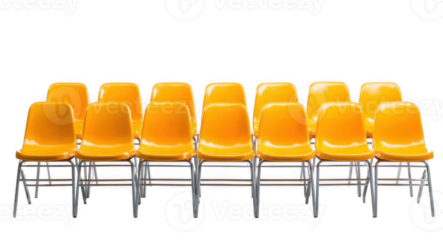 Row of empty yellow plastic chairs with transparent background png