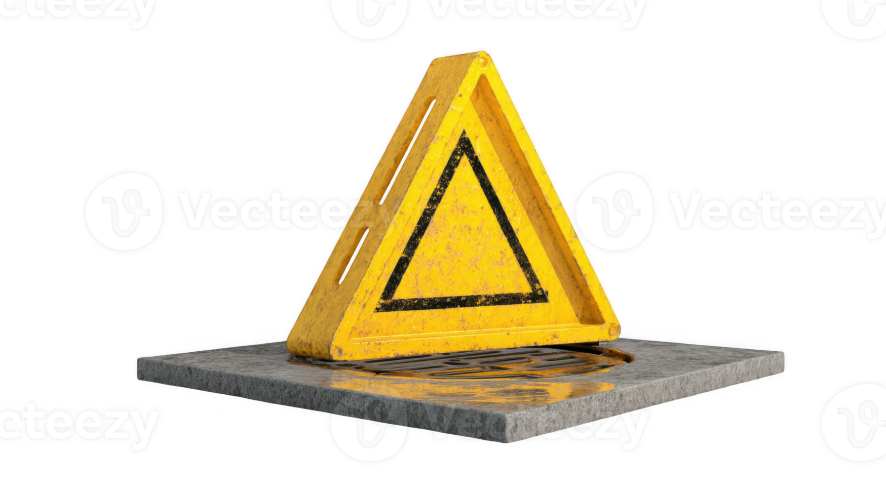Yellow caution sign covering open manhole on transparent background png