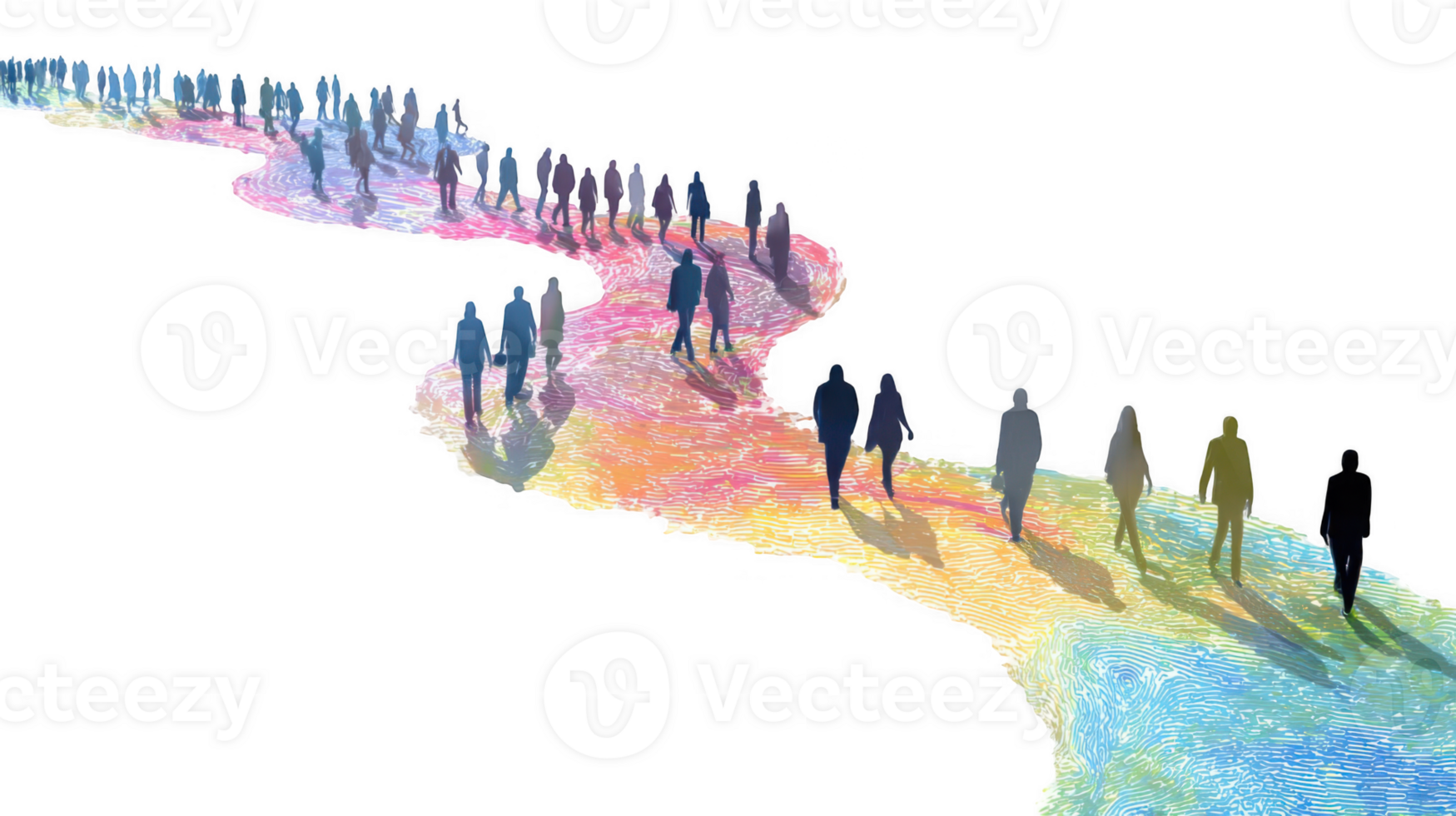 People silhouettes walking along a colorful path with transparent background png