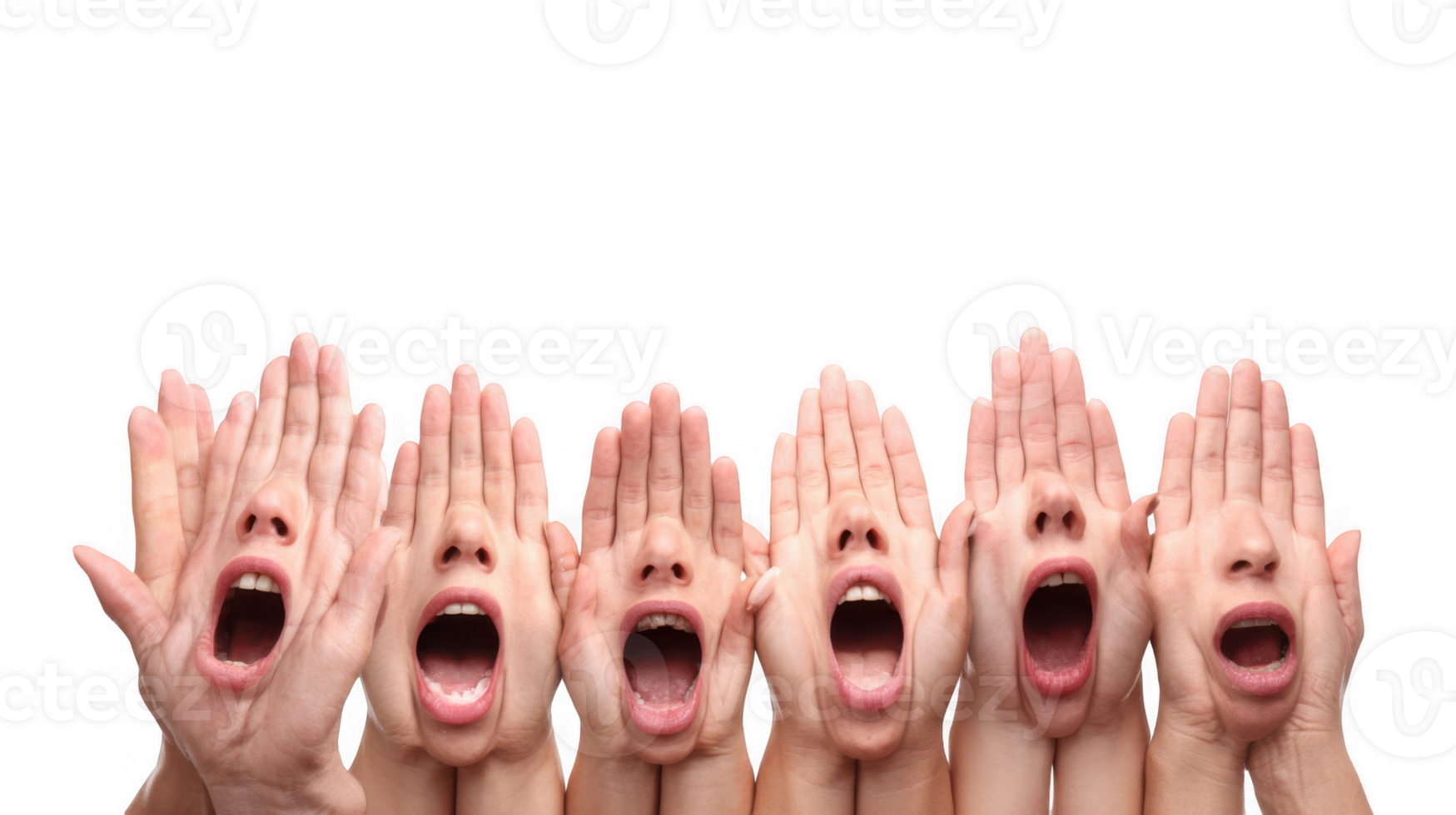Group of fans shouting and cheering with hands cupped around mouths on transparent background png