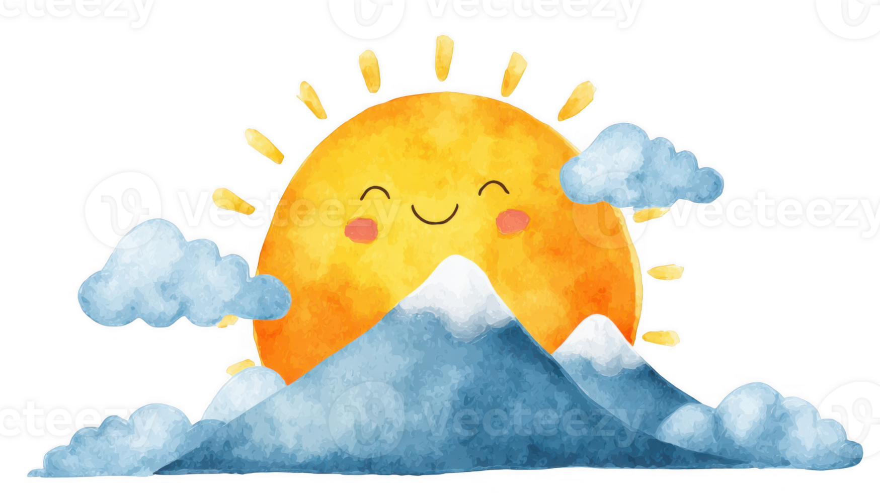 Smiling sun rising behind snowy mountain with transparent background png