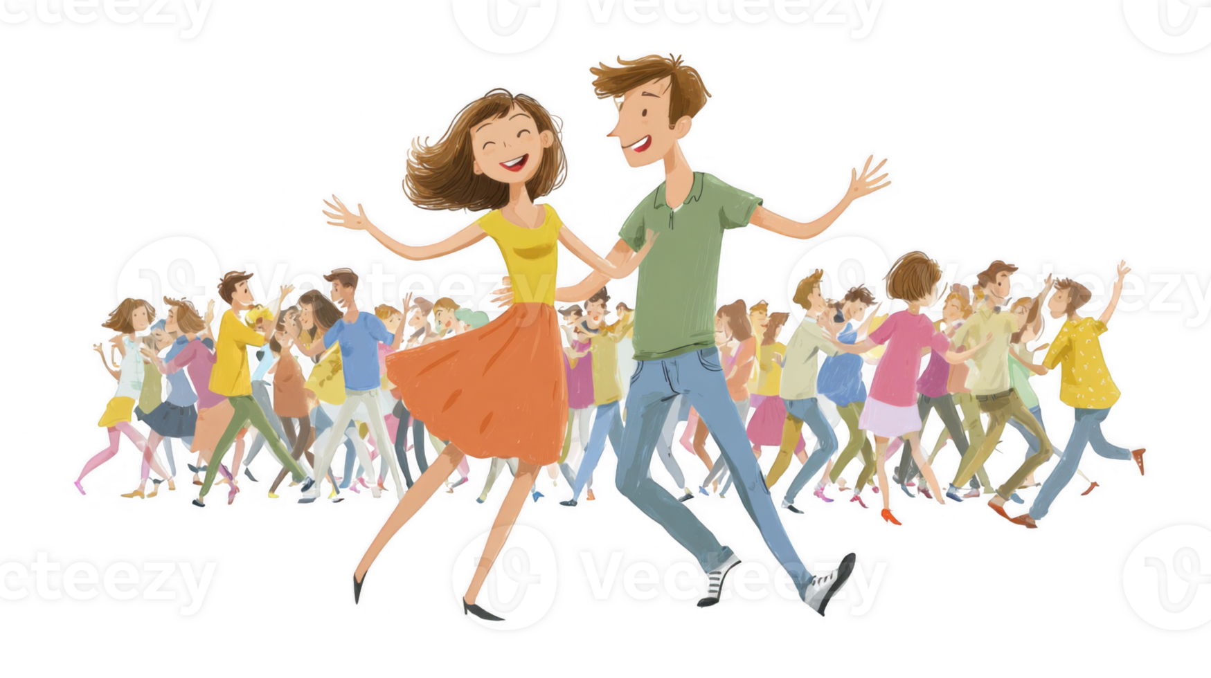 Happy couple dancing joyfully in a crowded square with transparent background png