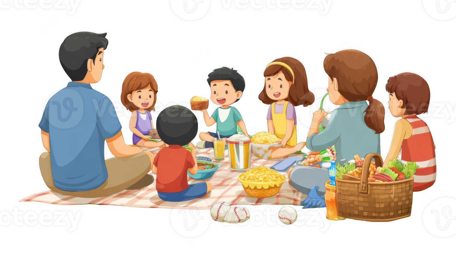 Family enjoying picnic with food and drinks on transparent background png