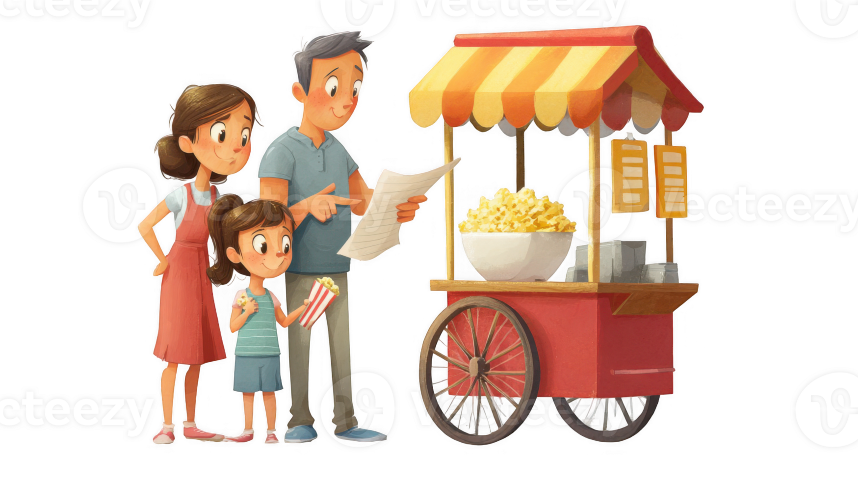 Family ordering popcorn from food cart with transparent background png
