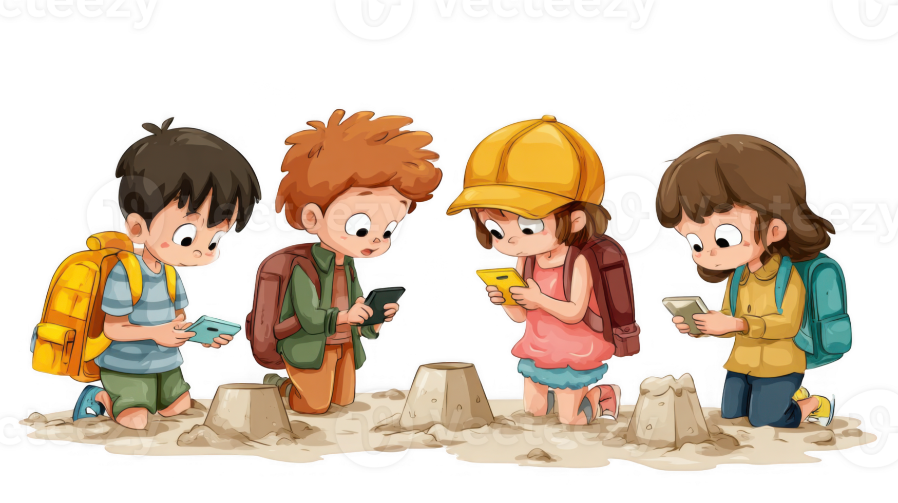Students kneeling on sand and playing with smartphones near sandcastles with transparent background png