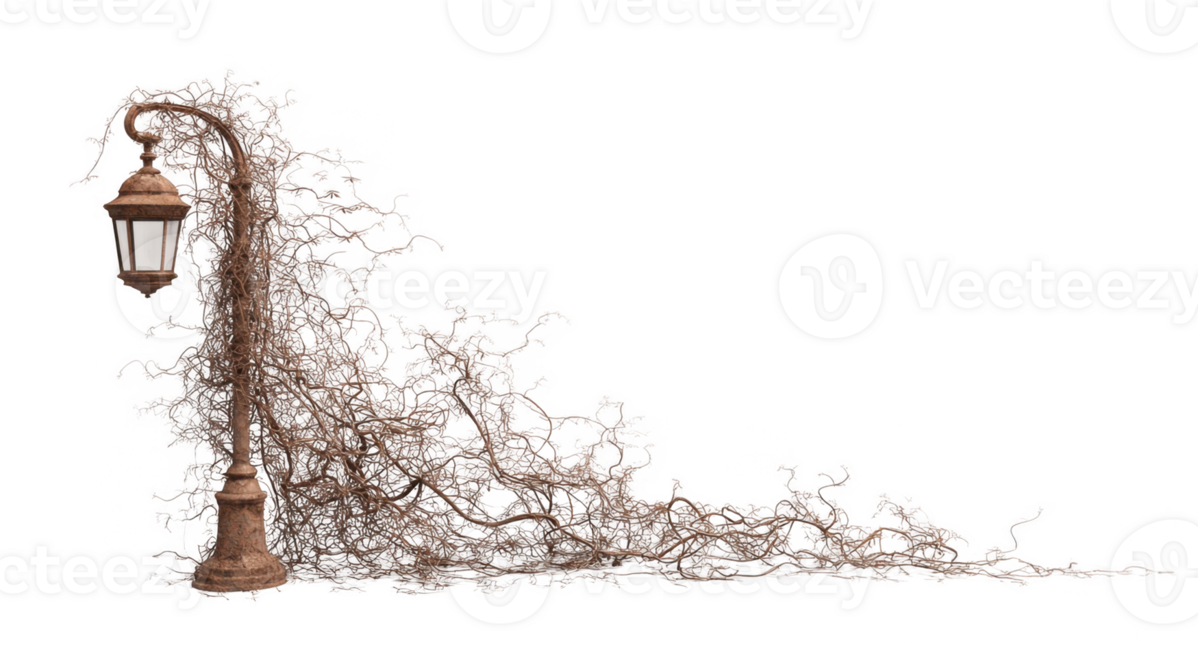 Rusty lamppost entwined with tangled vines on transparent background png