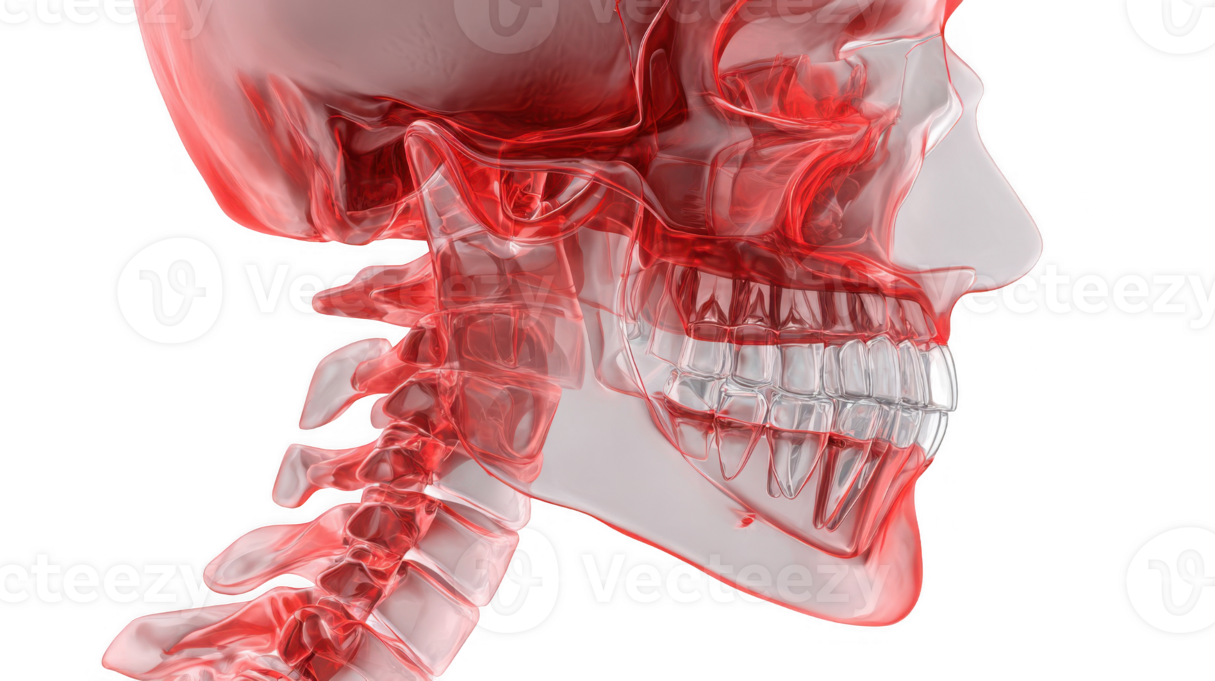 Transparent red human skull showing teeth and cervical spine on transparent background png