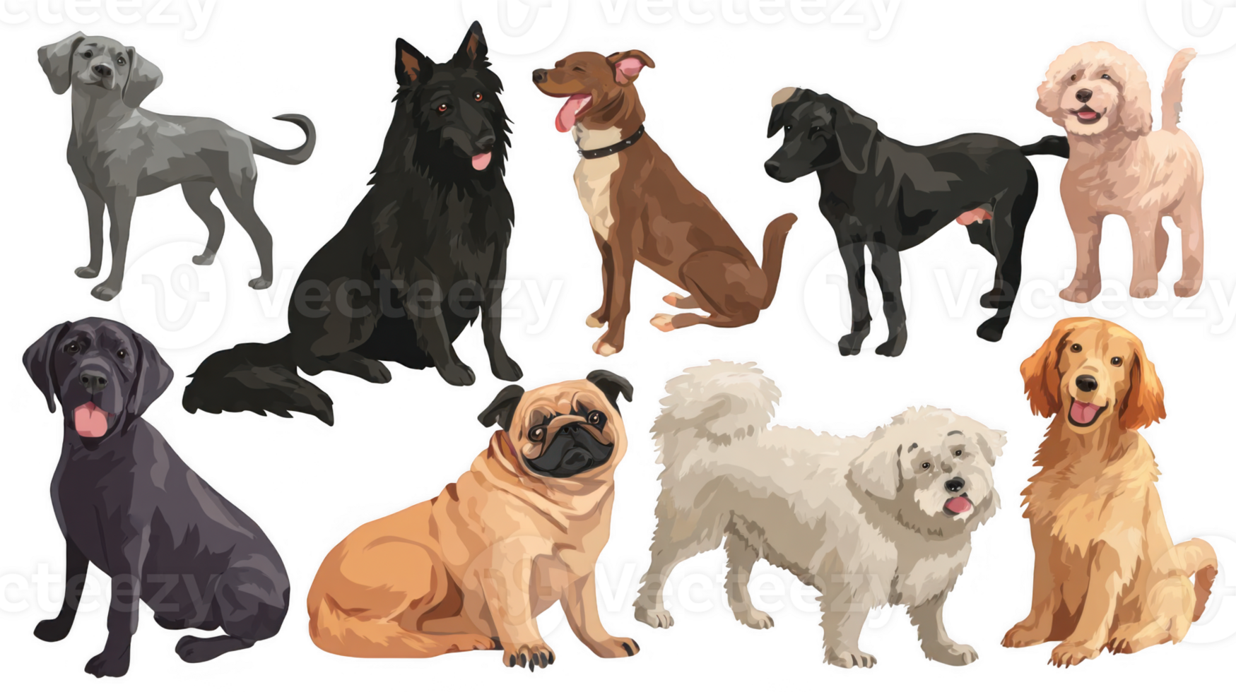 Set of different dog breeds posing on transparent background png