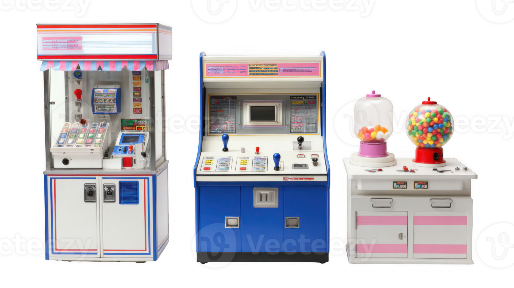 Claw crane, arcade game machine and gumball vending machine on transparent background png