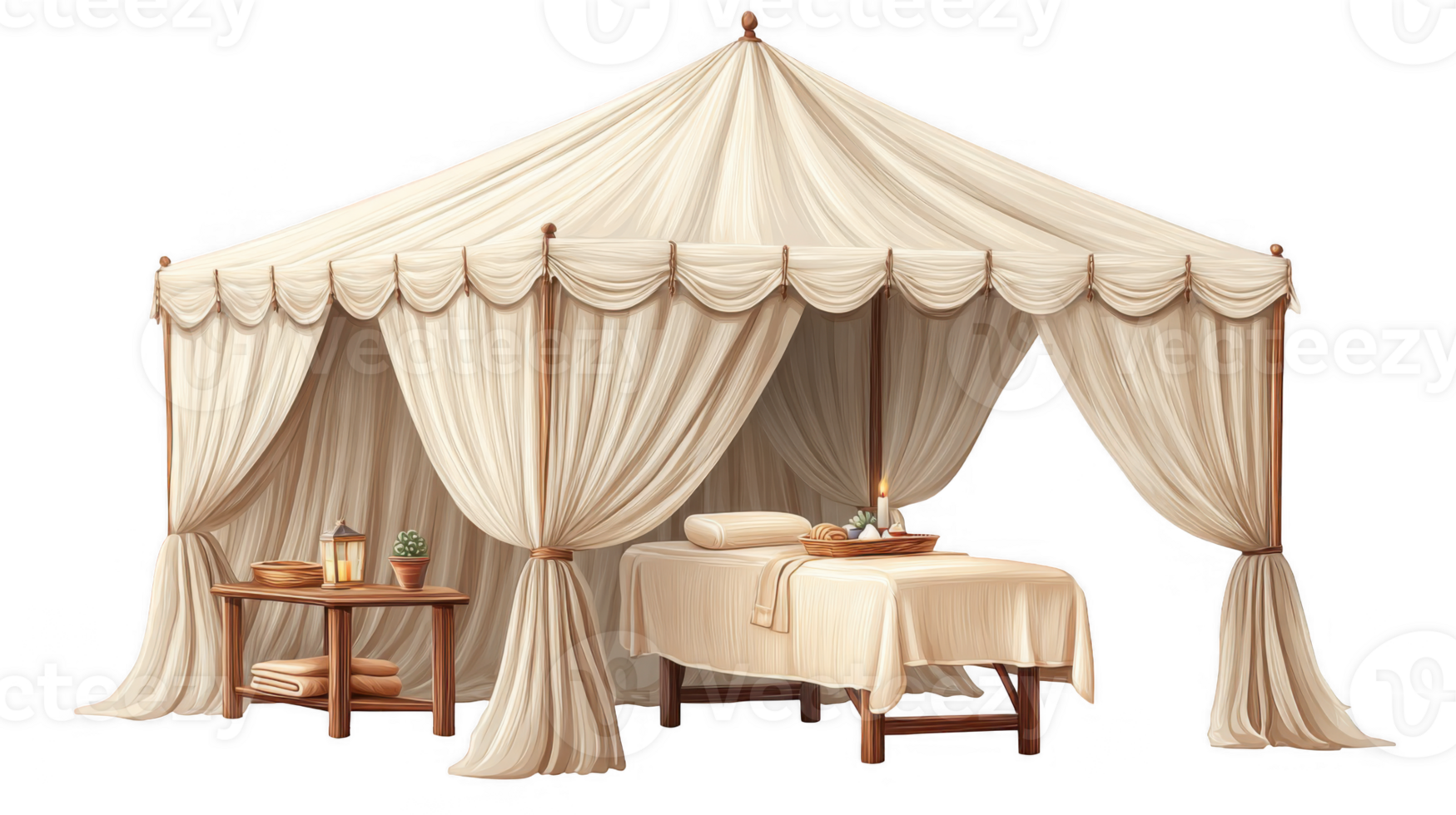 Cozy spa space with massage table and tent on transparent background png