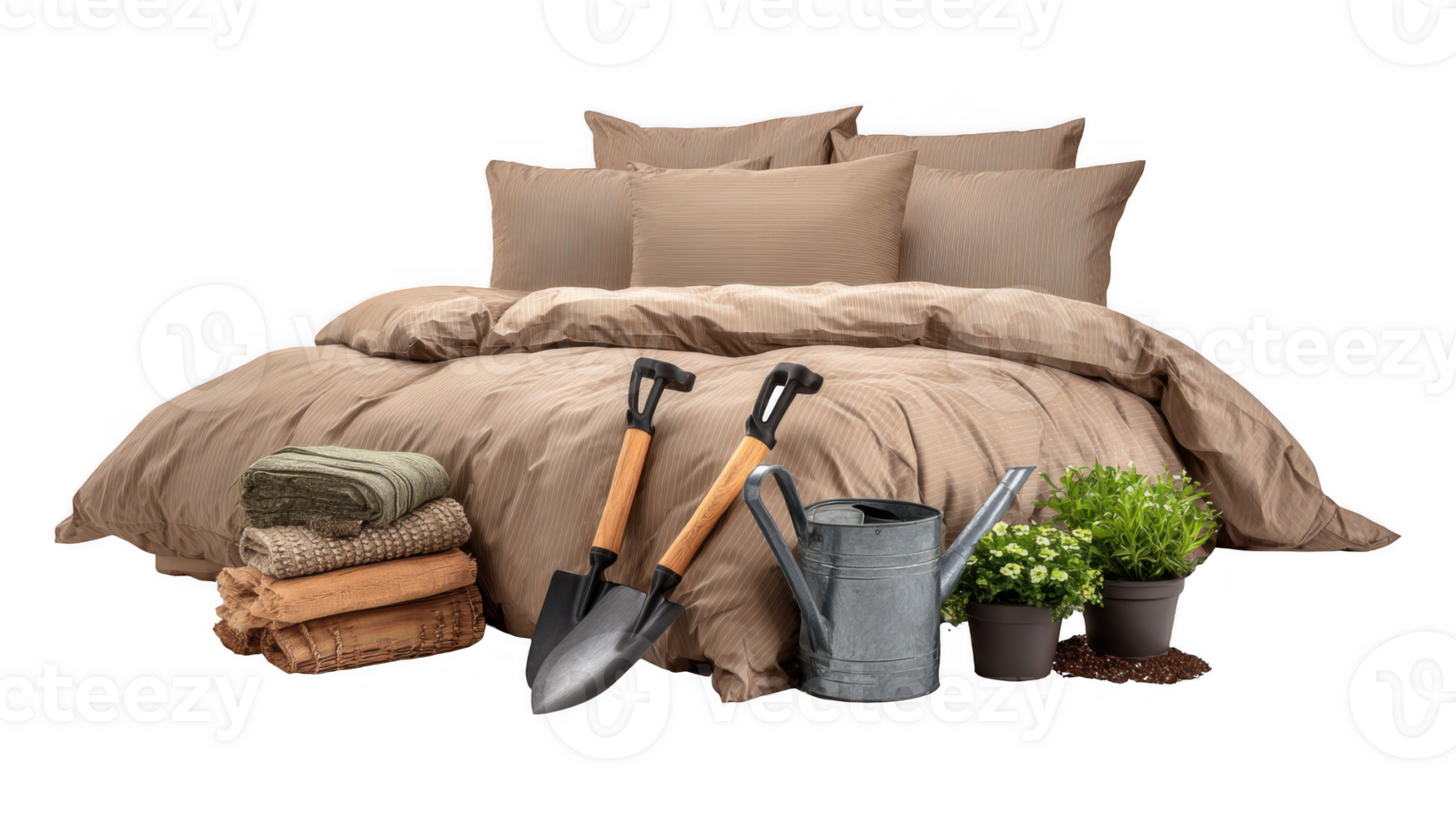 Soft brown bedding with gardening tools and plants on transparent background png