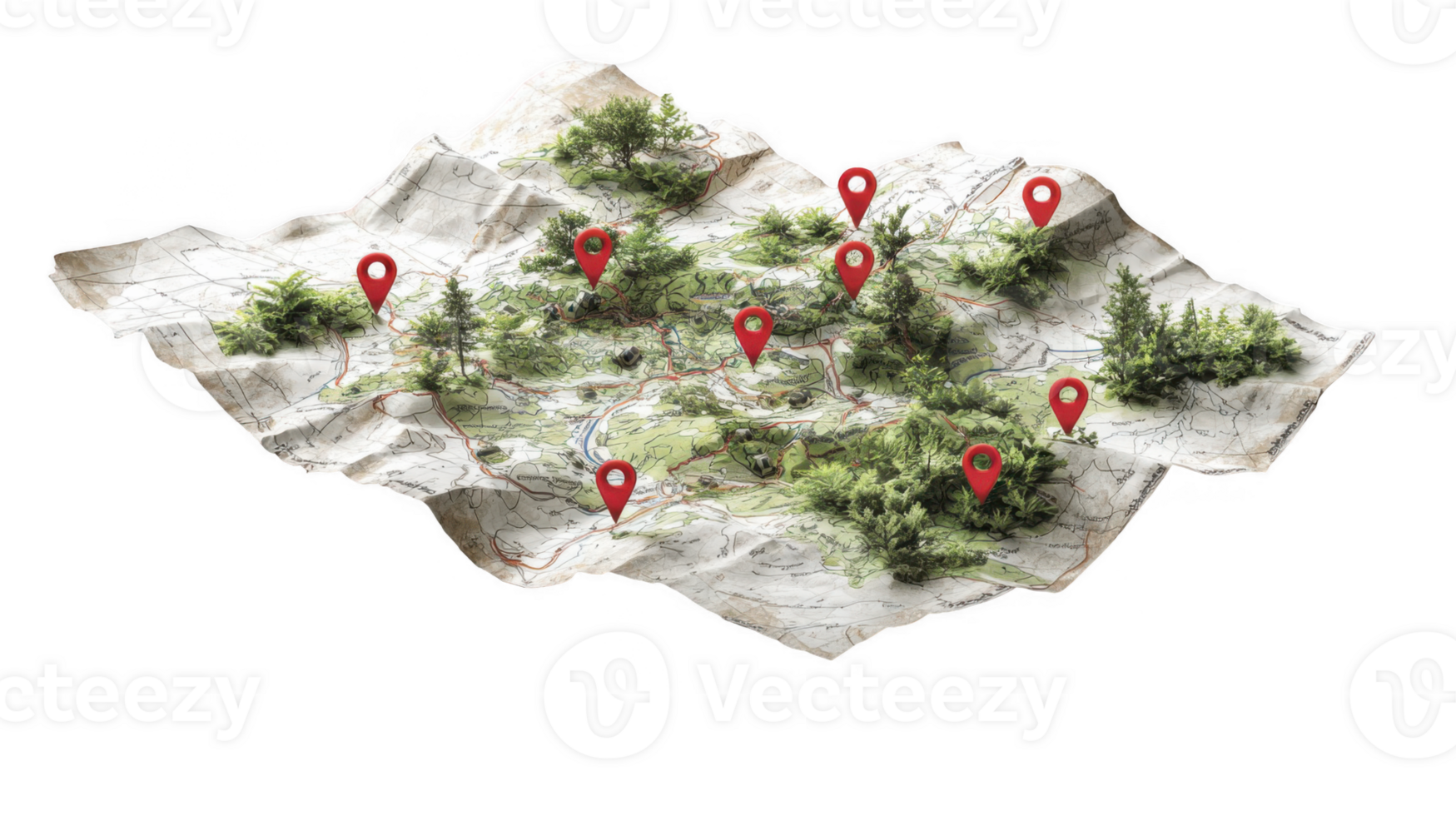 Folded map showing foraging locations with transparent background png