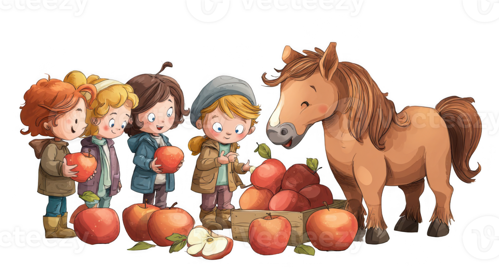 Children sharing apples with a horse on transparent background png